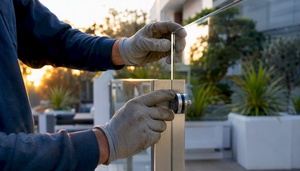 Hands installing pre-drilled tempered glass panel