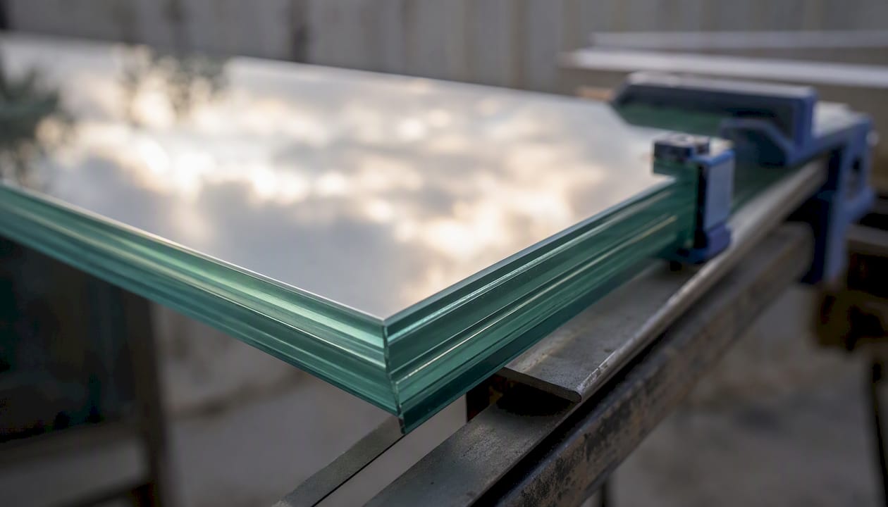 Close-up laminated glass panel edge