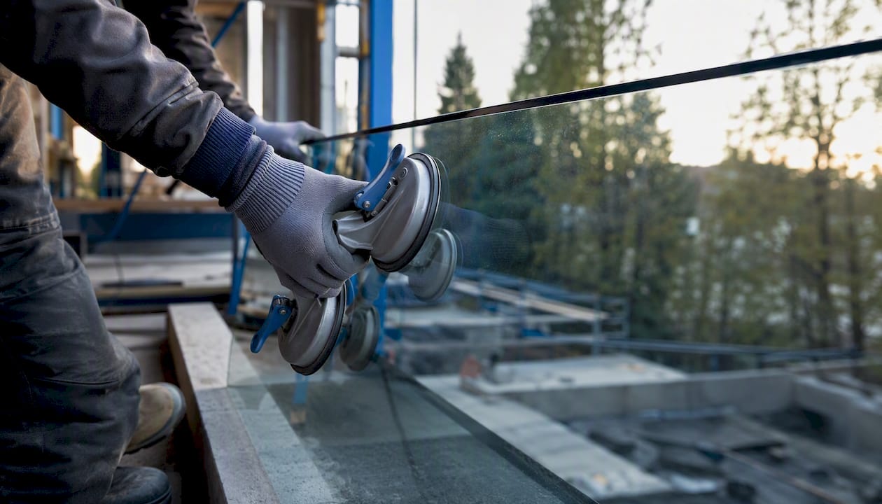 Hands attaching vacuum lifter suction pads to glass panel