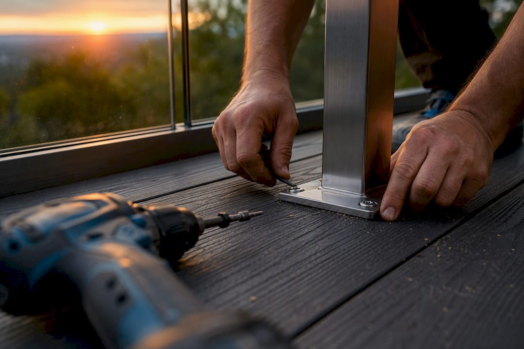 Installer securing glass railing surface mount post base