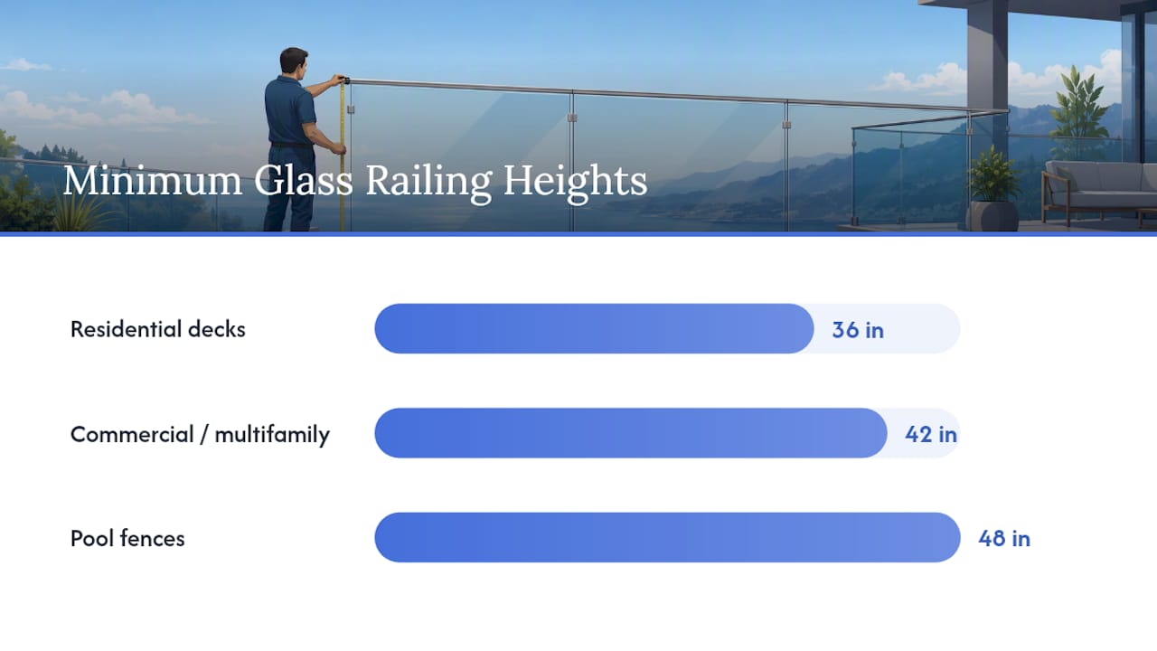Diagram comparing glass railing height minimums by application