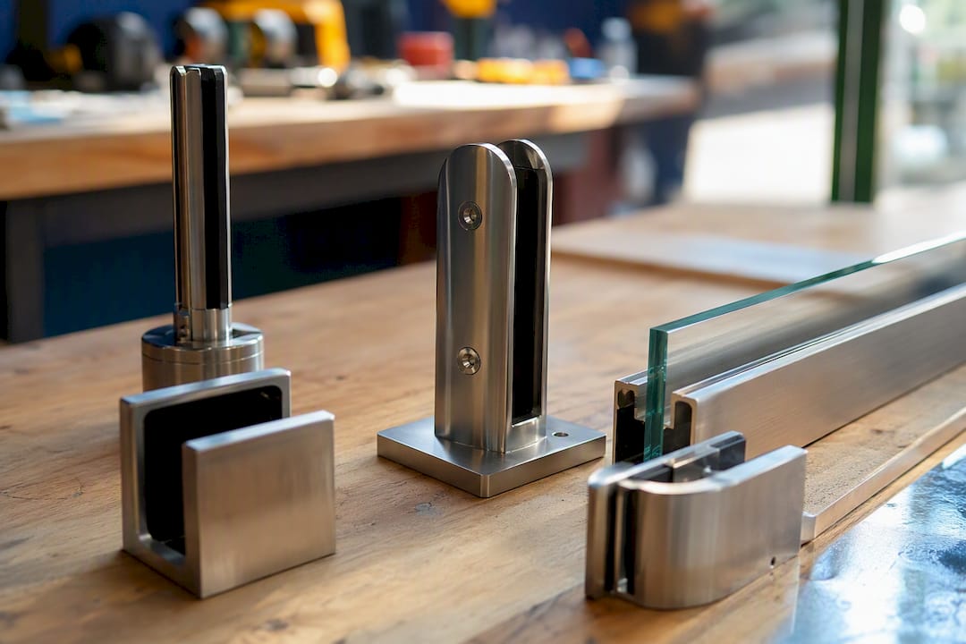 Close-up of glass railing hardware components
