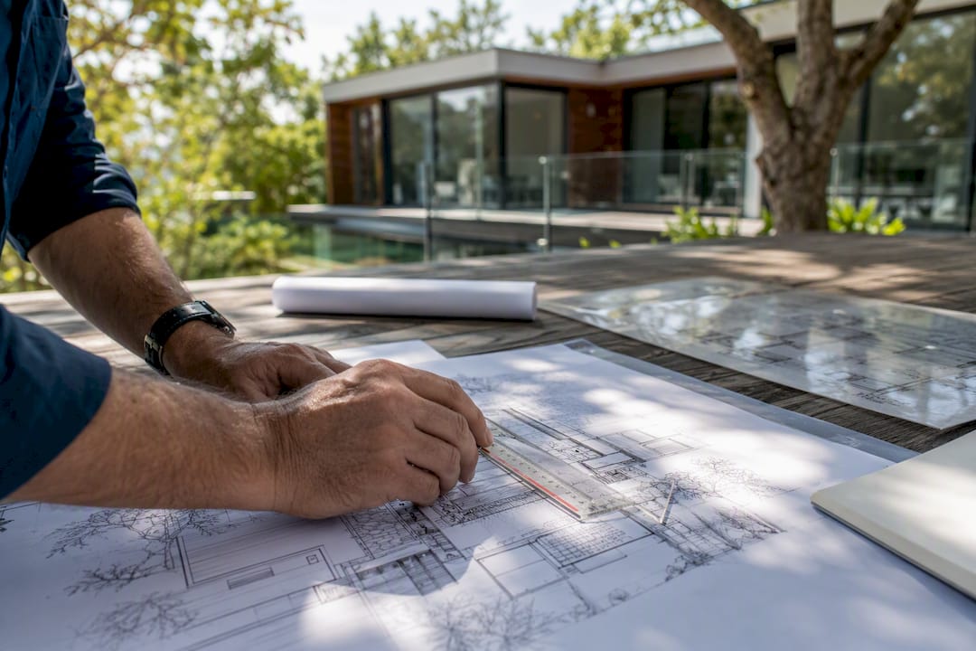 Architect's hand measuring site plan drawing