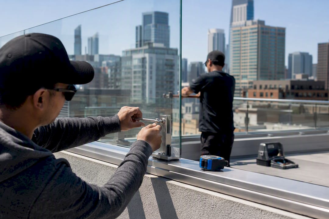 Installation crew fitting balcony glass panels