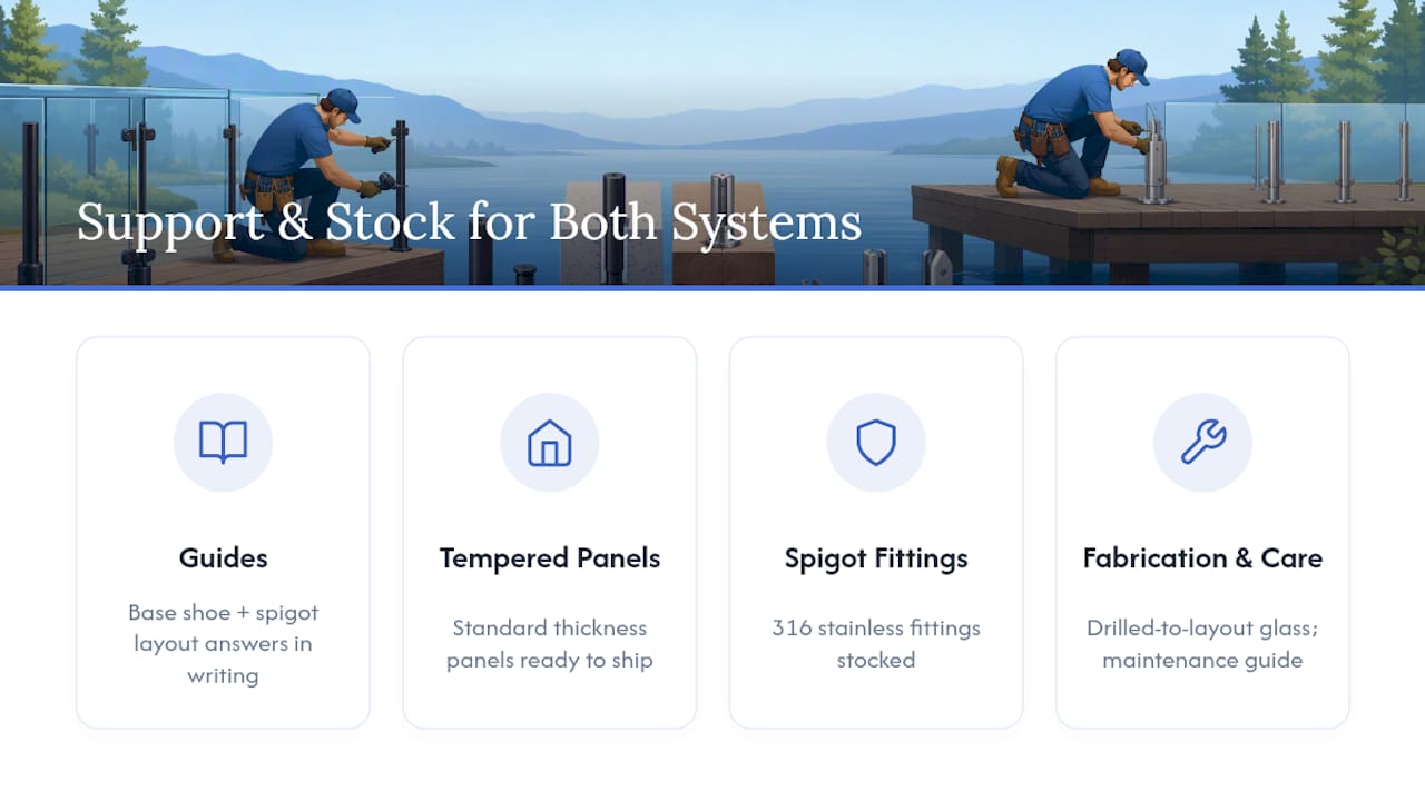 Why The Glass Railing Store Backs Both Systems — overview diagram