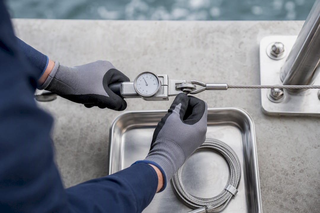 Technician checking marine cable tension