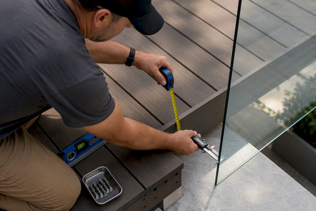 Contractor measuring deck substrate and glass edge