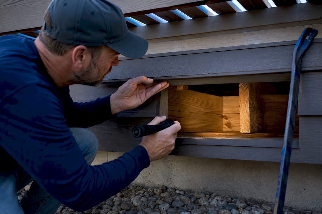 Contractor inspecting concealed deck blocking