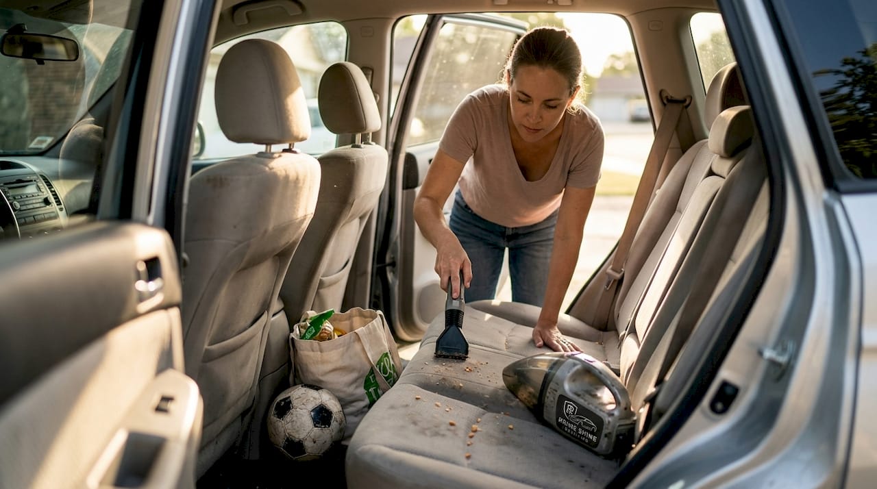 Woman vacuuming inside car for cleanliness