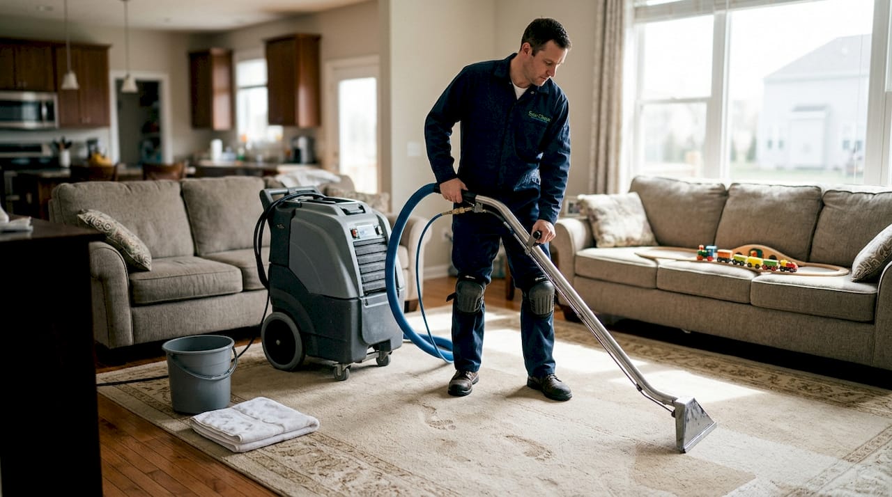 How carpet cleaning improves health and indoor air quality 3 Technician cleaning carpet with extraction machine
