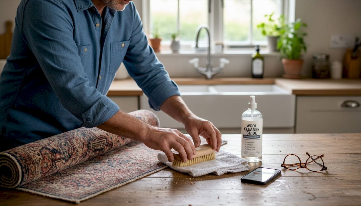 Man organizing antique rug cleaning supplies on table