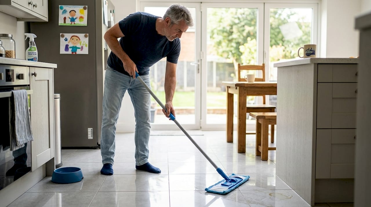 Damp mopping kitchen tile floor at home