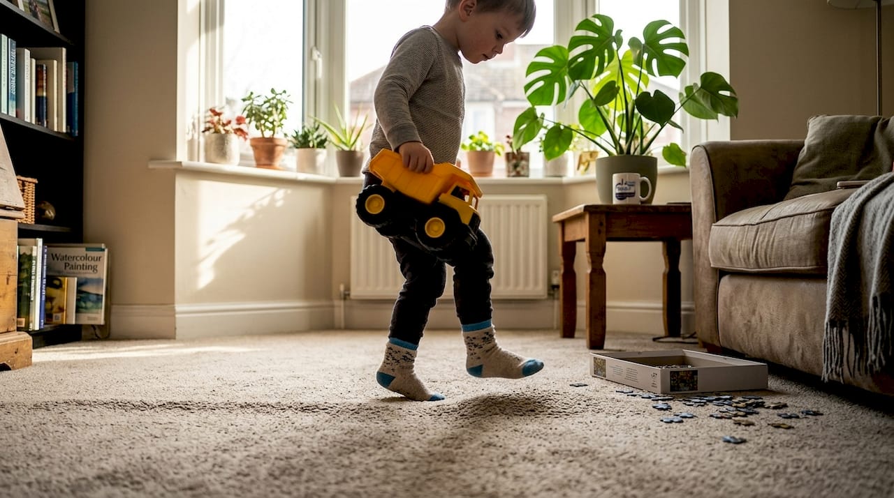 Child navigating carpet ripple hazard