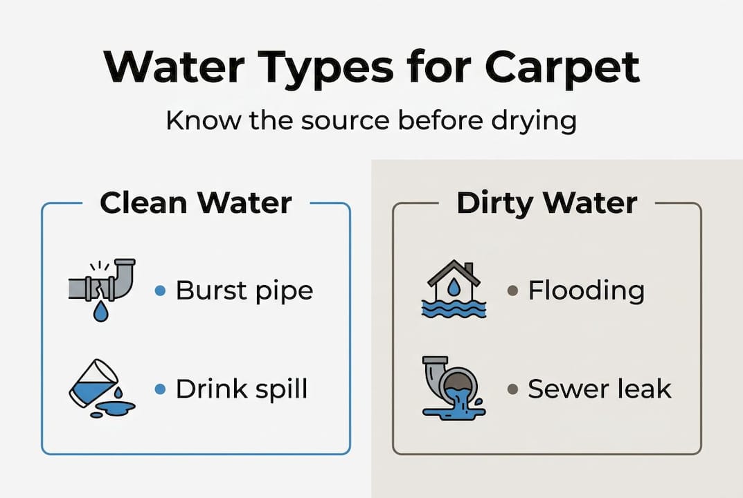 Dry your wet carpet fast: essential steps for Glasgow homes 2 Infographic showing carpet water types