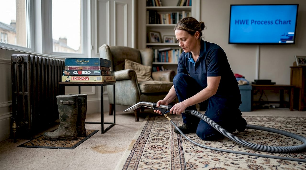 Deep carpet cleaning explained: benefits, methods and expert advice 2 Cleaner setting up hot water extraction equipment