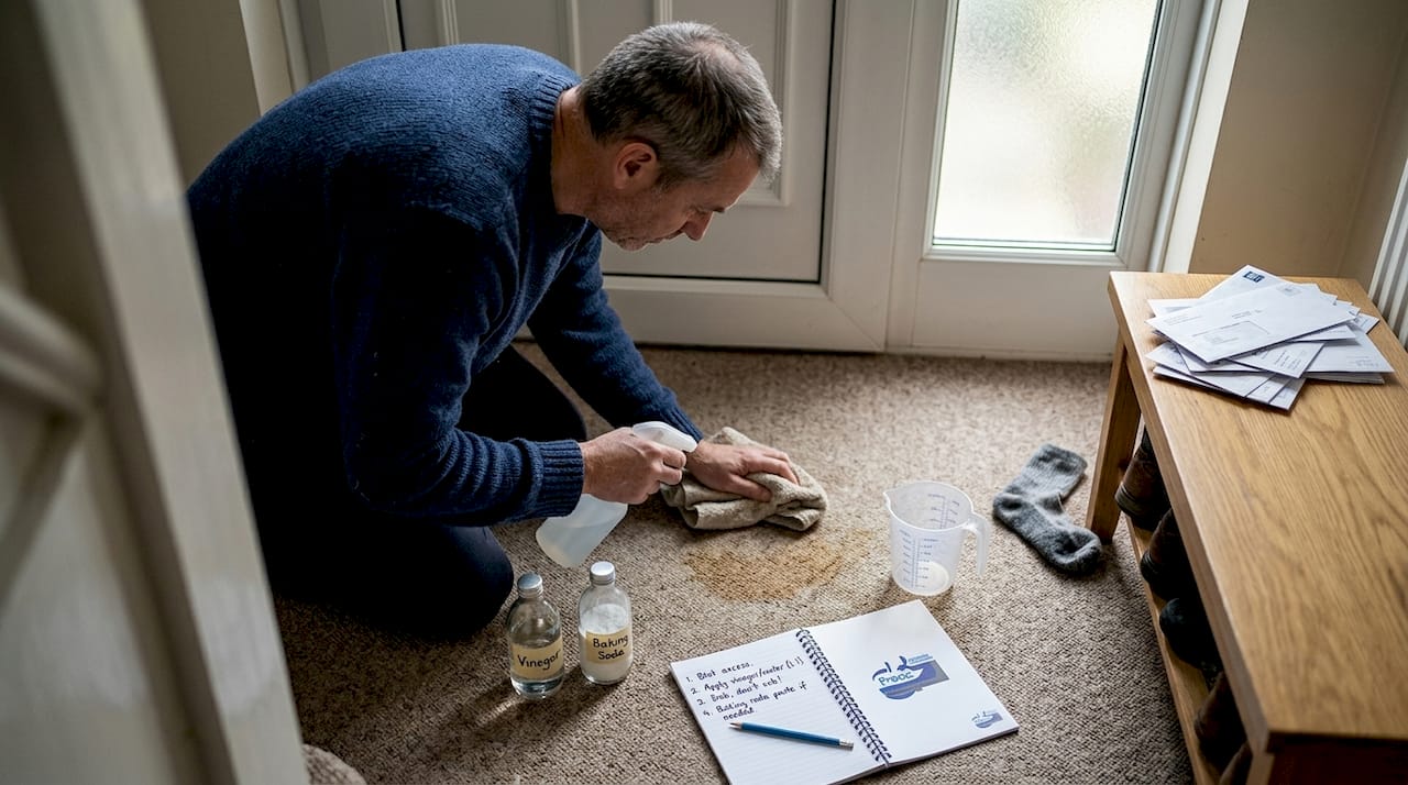 Man trying DIY carpet stain removal