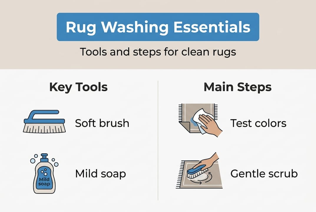 Infographic showing rug washing tools and steps