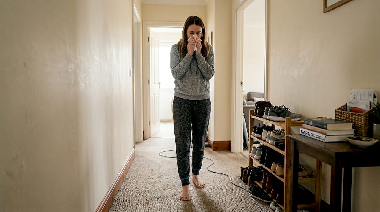 Woman sneezing on hallway carpet