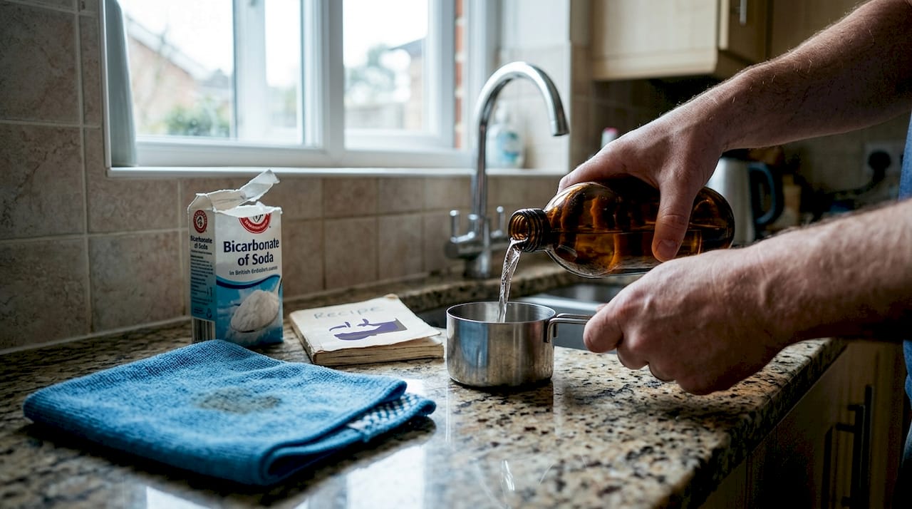 Hands preparing eco-friendly cleaning solution in kitchen