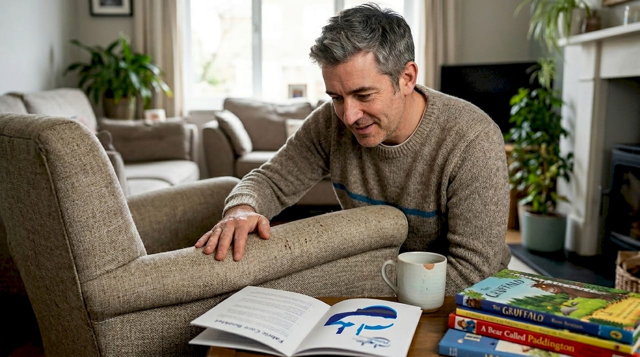 Man inspecting fabric armchair for wear