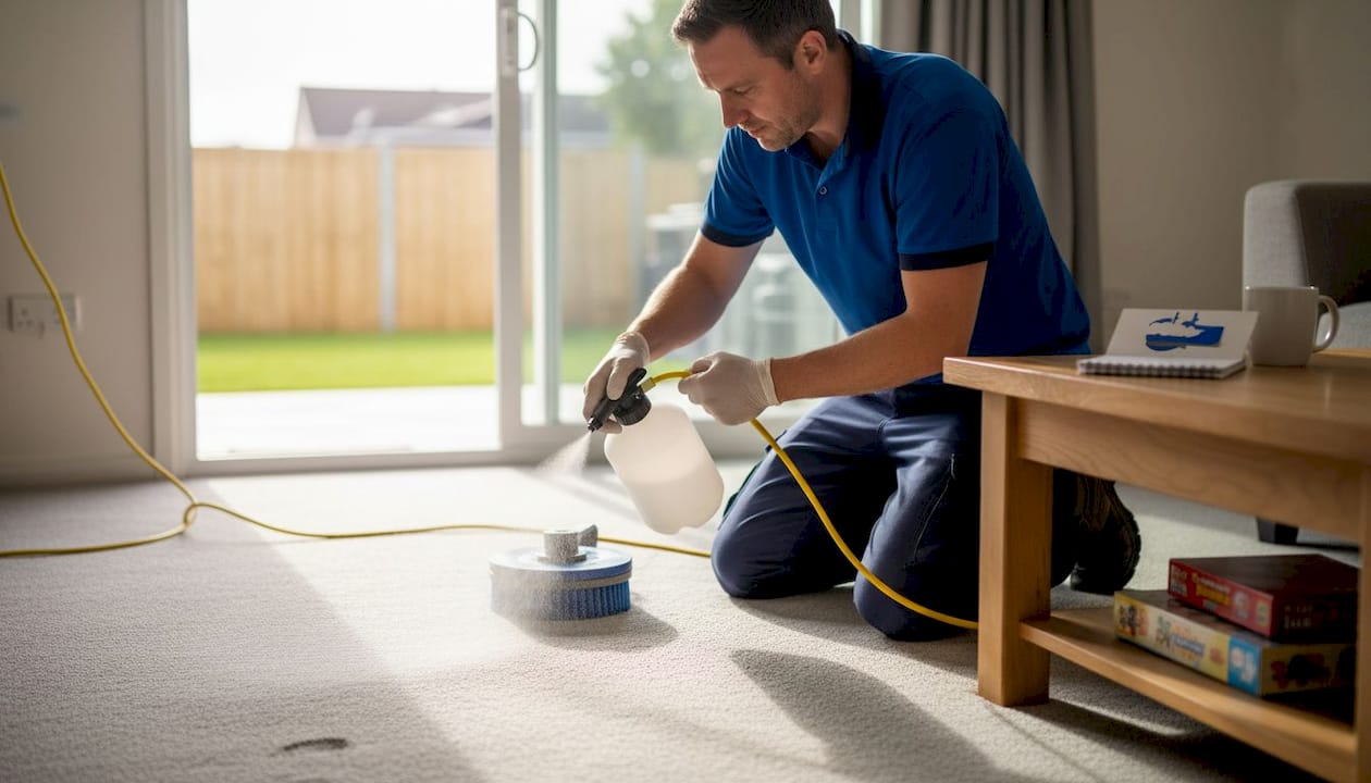 Technician applying carpet encapsulation solution