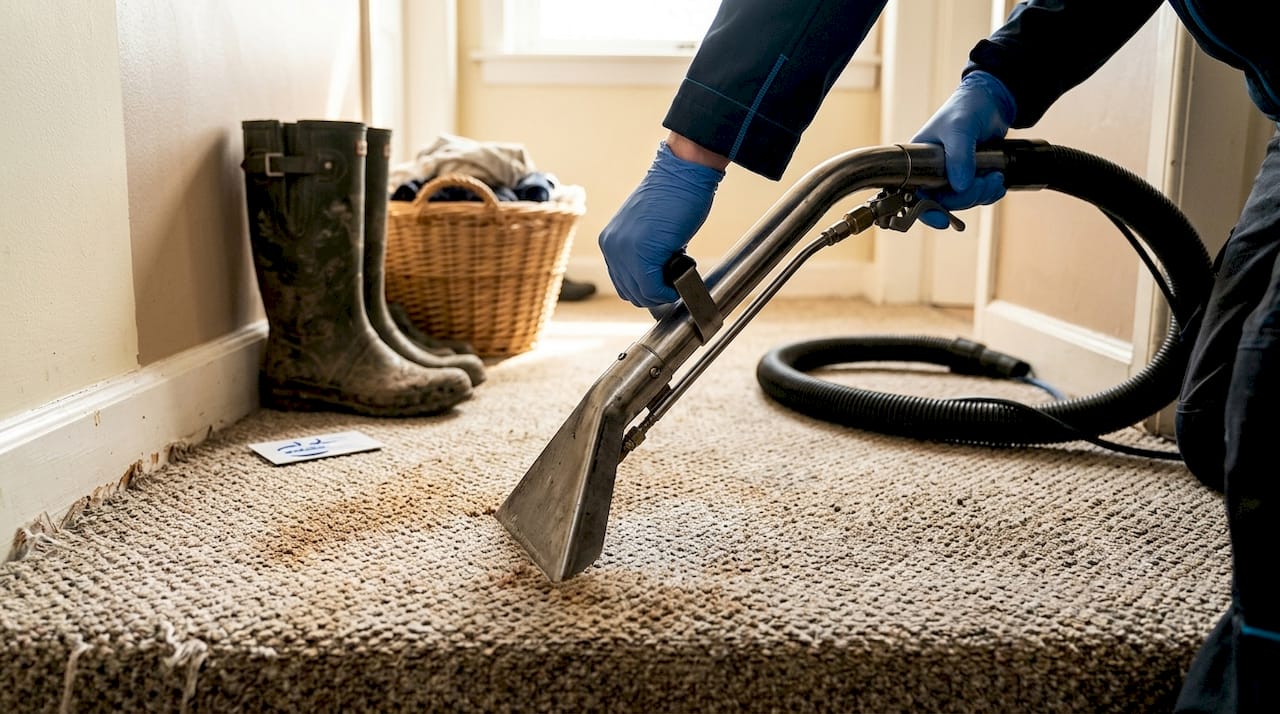 Carpet extraction wand cleaning hallway carpet
