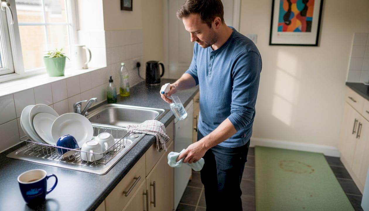 Man treating grease stain near kitchen