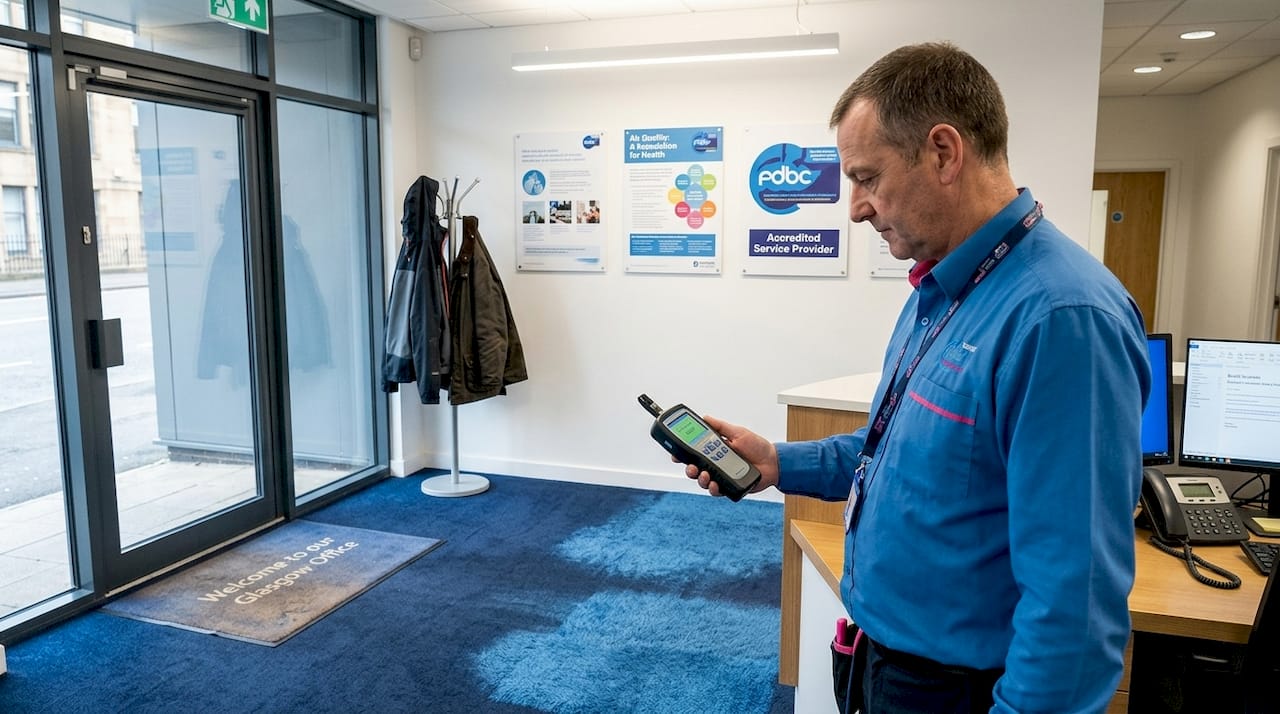 Manager checks air quality after carpet cleaning