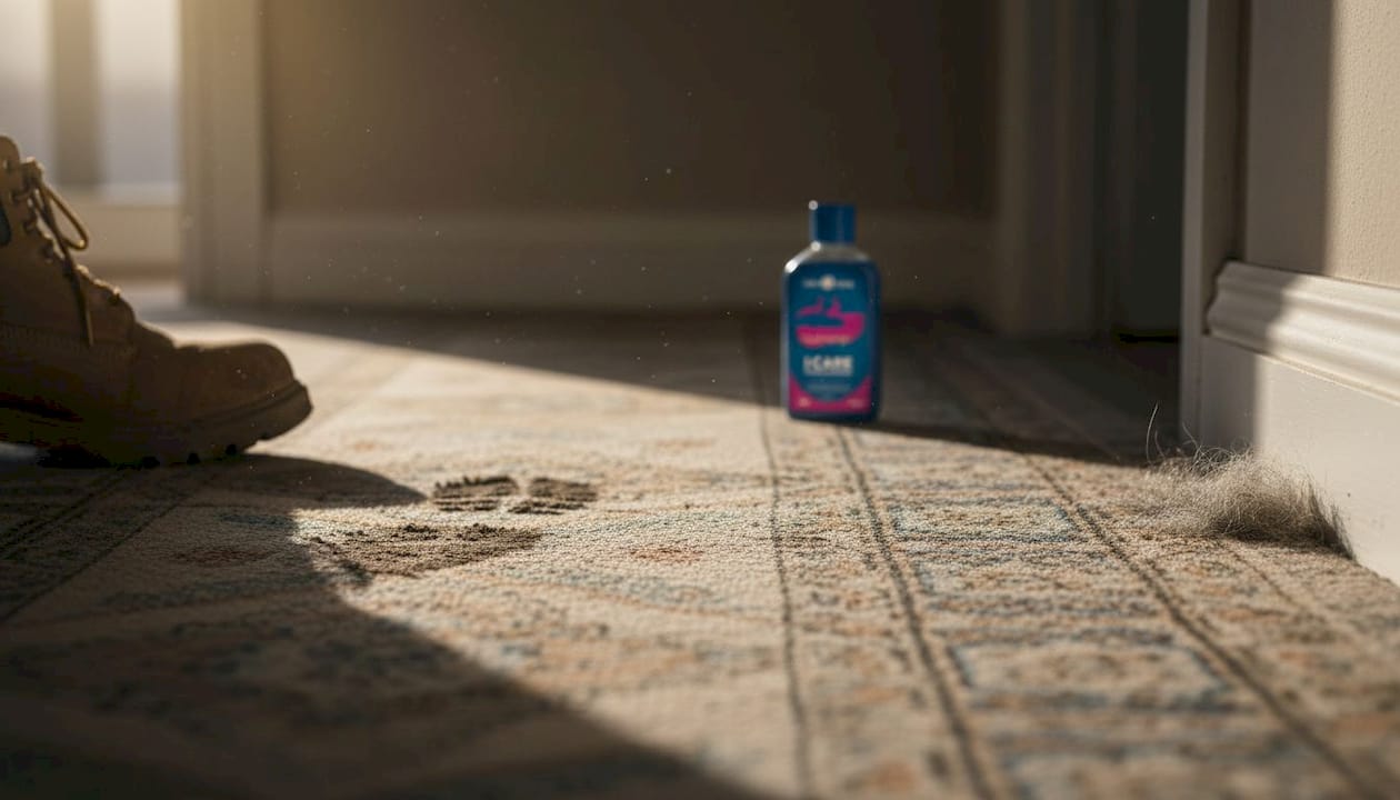 Closeup of dirty, stained hallway carpet
