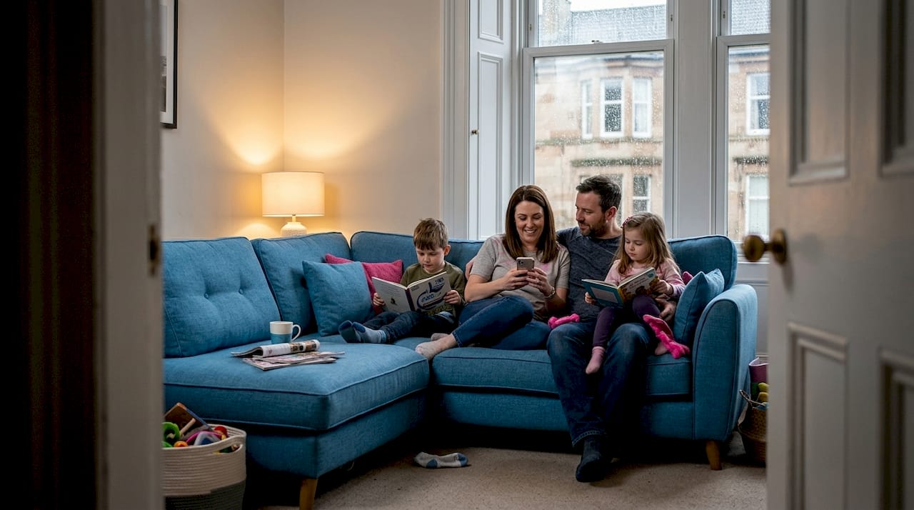Family using sofa in lived-in Glasgow home