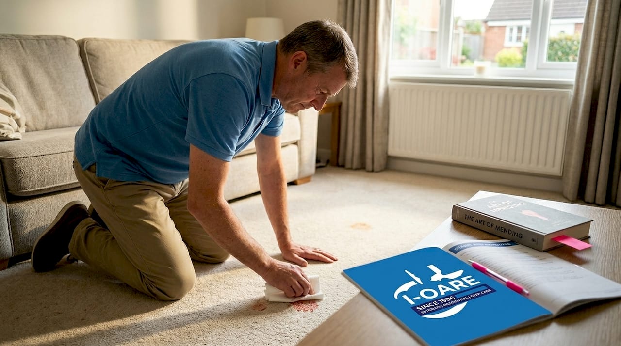 Man blotting carpet water stain at home