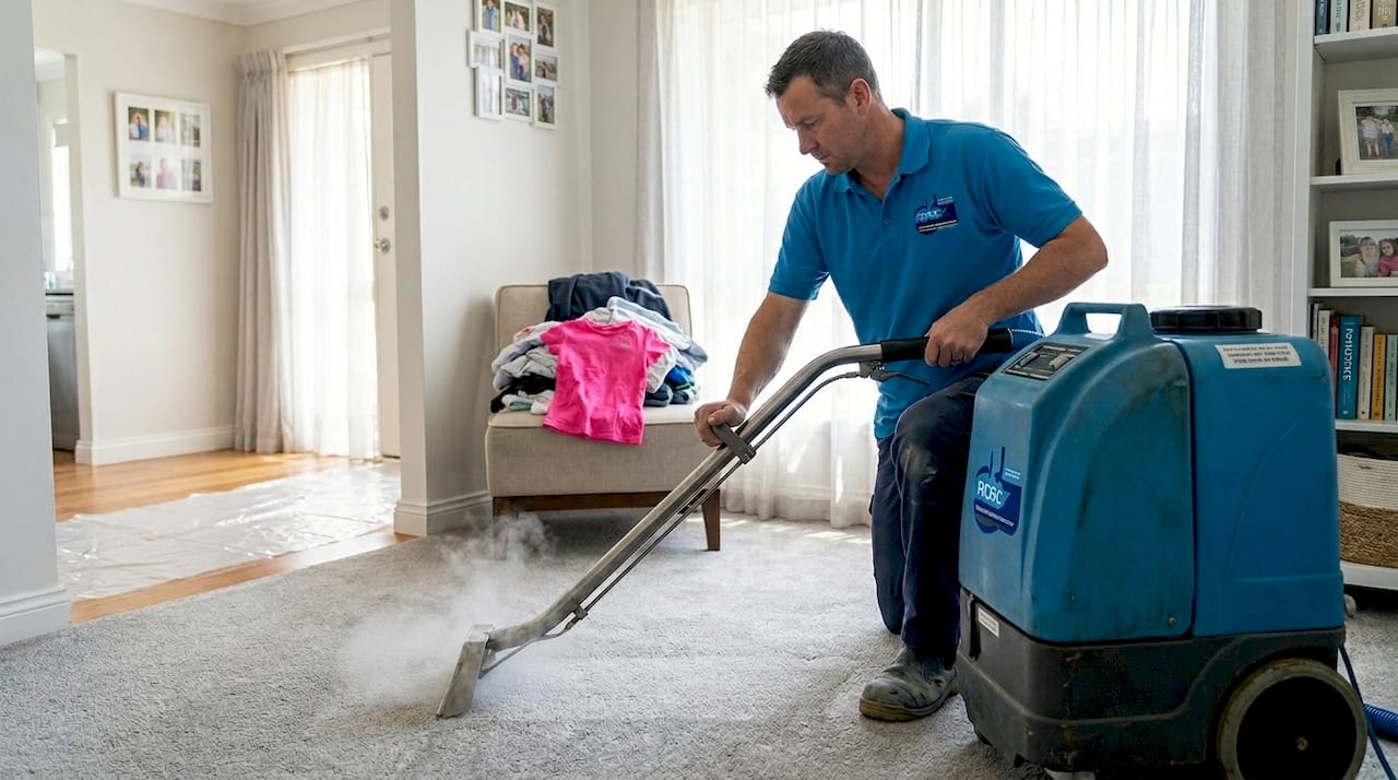 Technician using carpet cleaning machine in home