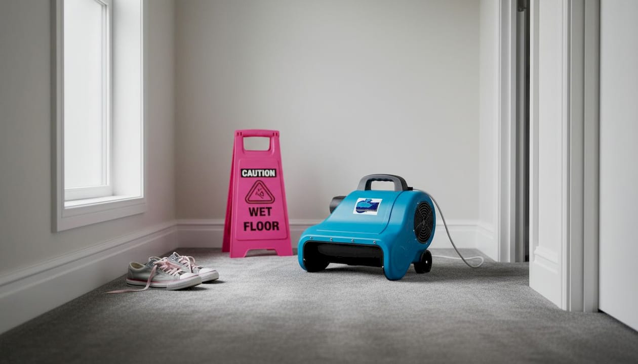 Air mover drying carpet in home hallway
