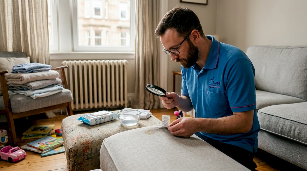 Man checking sofa label before cleaning