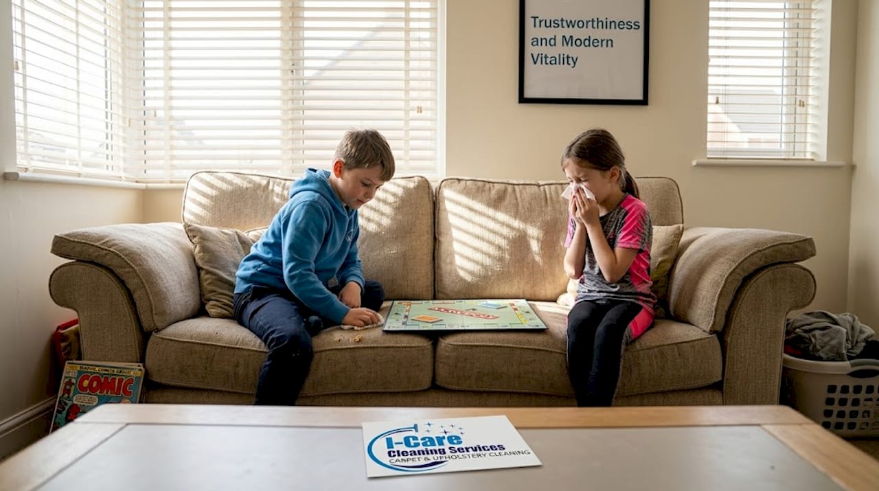 8 signs your sofa needs cleaning for a fresh home 2 Children playing on sofa with signs of dust