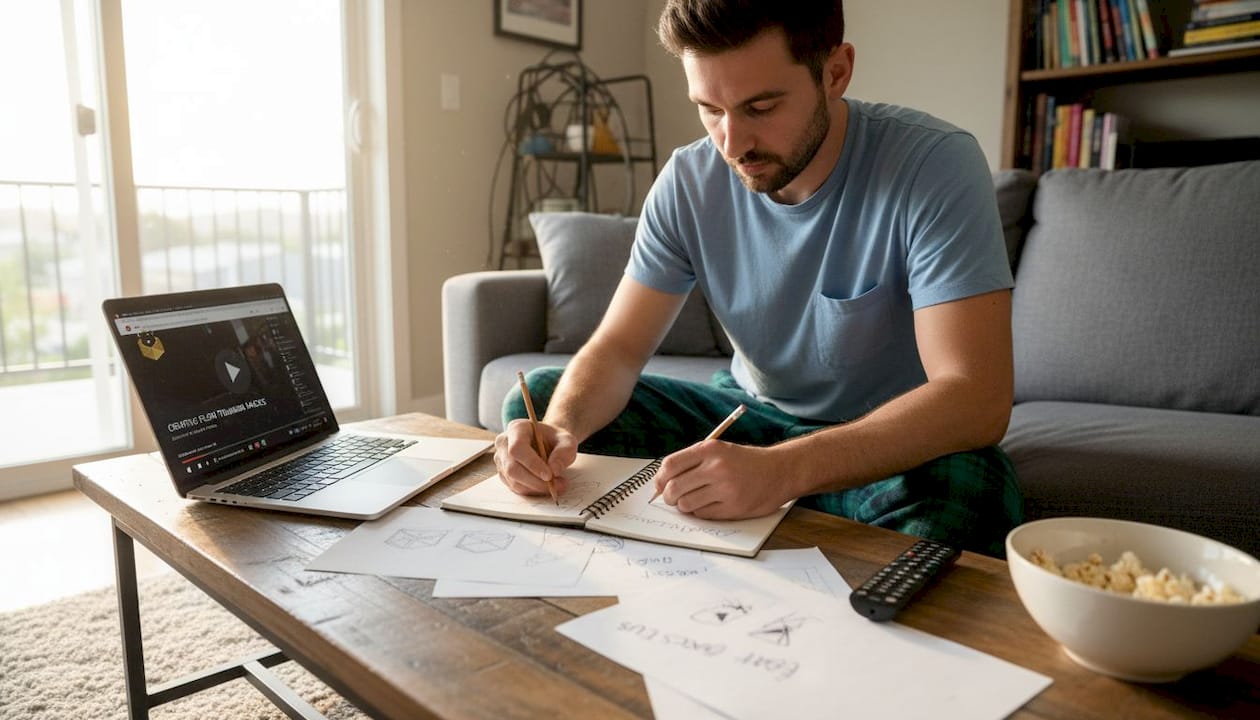 Man sketching YouTube thumbnail ideas on couch