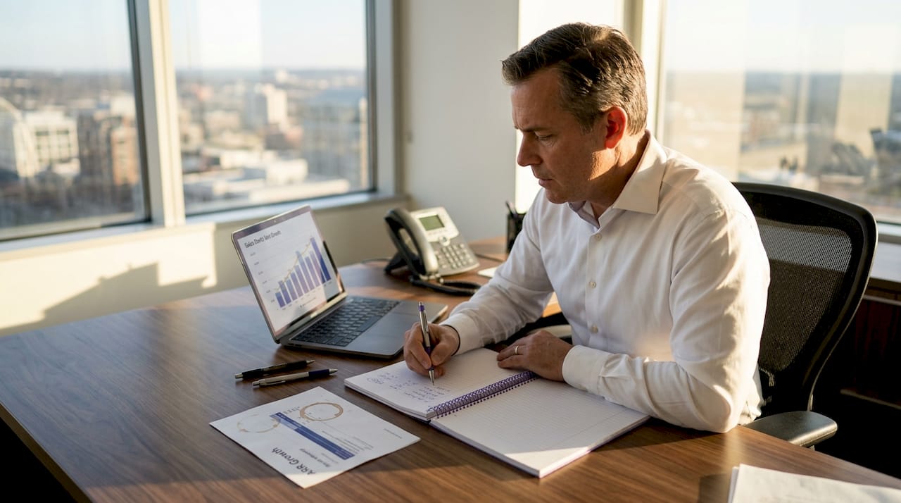 Executive quantifying achievements at office desk