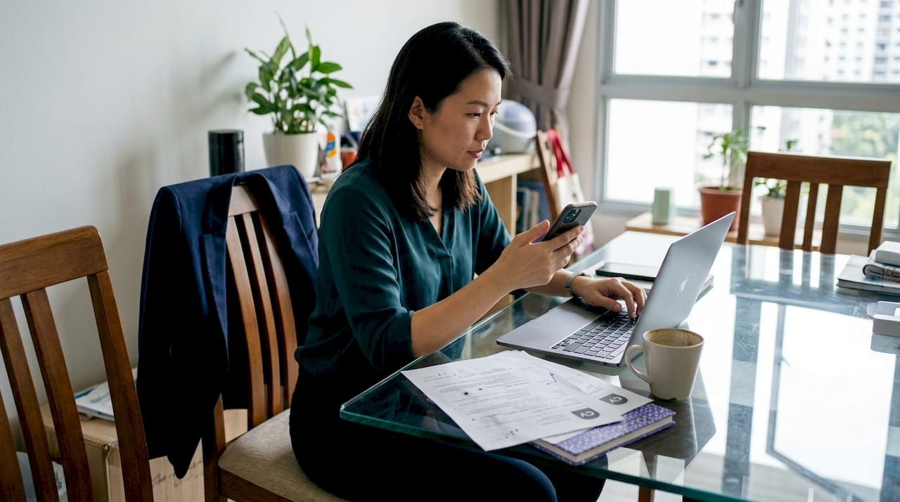 Job seeker refining CV at home workspace