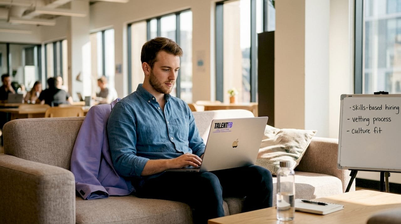 Recruiter using laptop for AI sourcing
