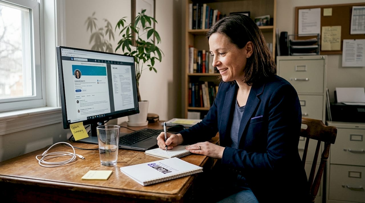 Executive updating LinkedIn profile at desk