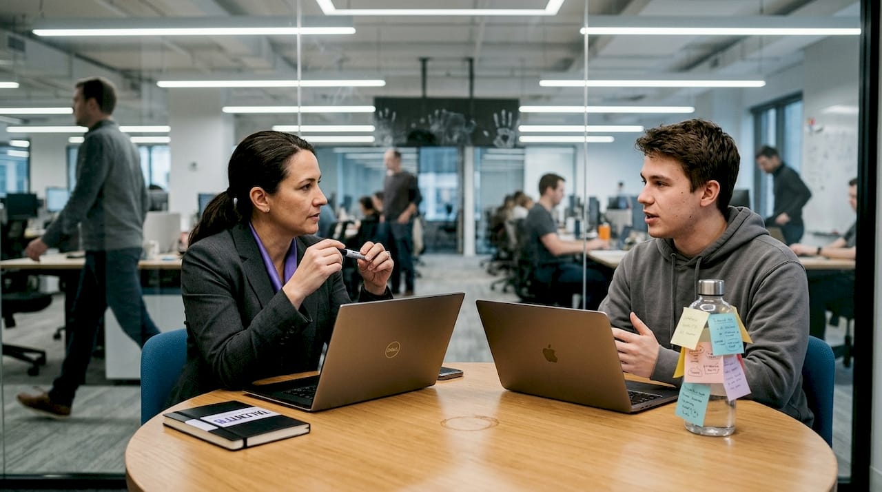 Engineering manager interviews candidate in tech workspace
