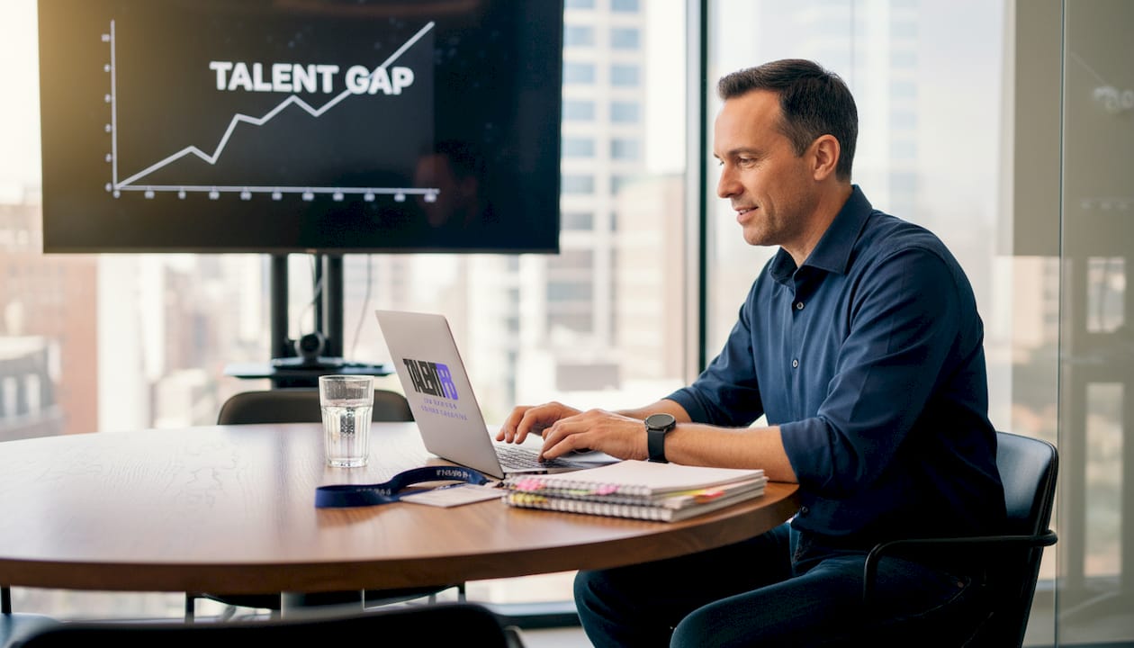 Tech executive typing notes in workspace