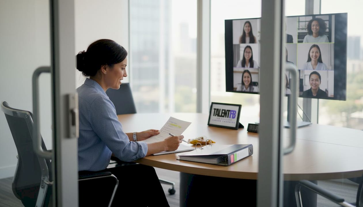 HR professional manages global hiring video meeting