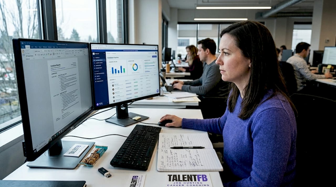 Recruiter using AI software at busy desk