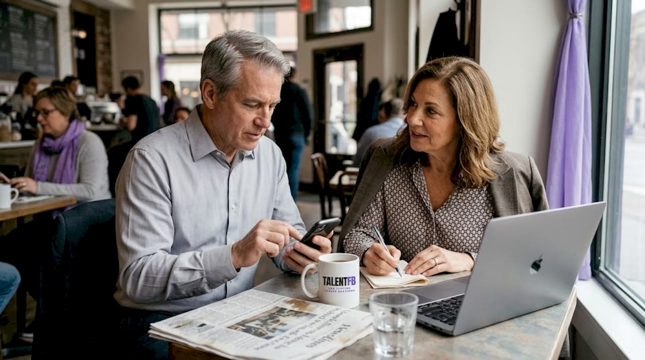 Executives networking at café table