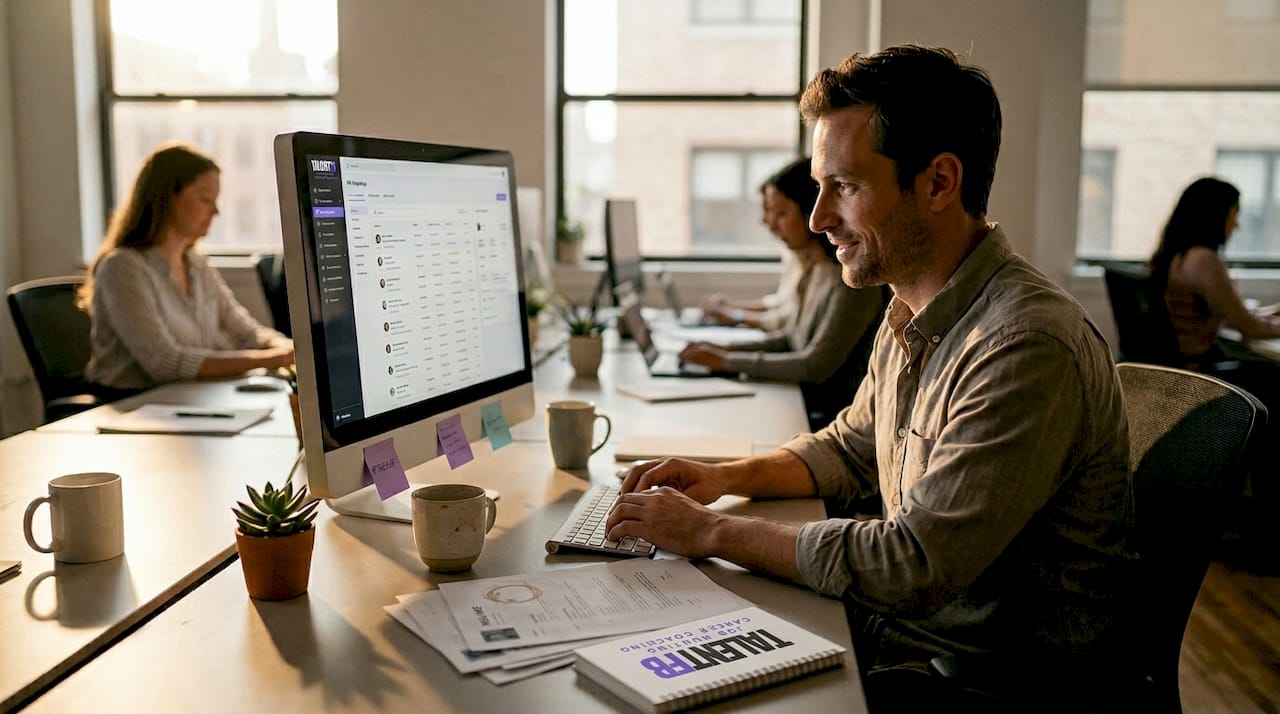 HR analyst using AI talent mapping at desk