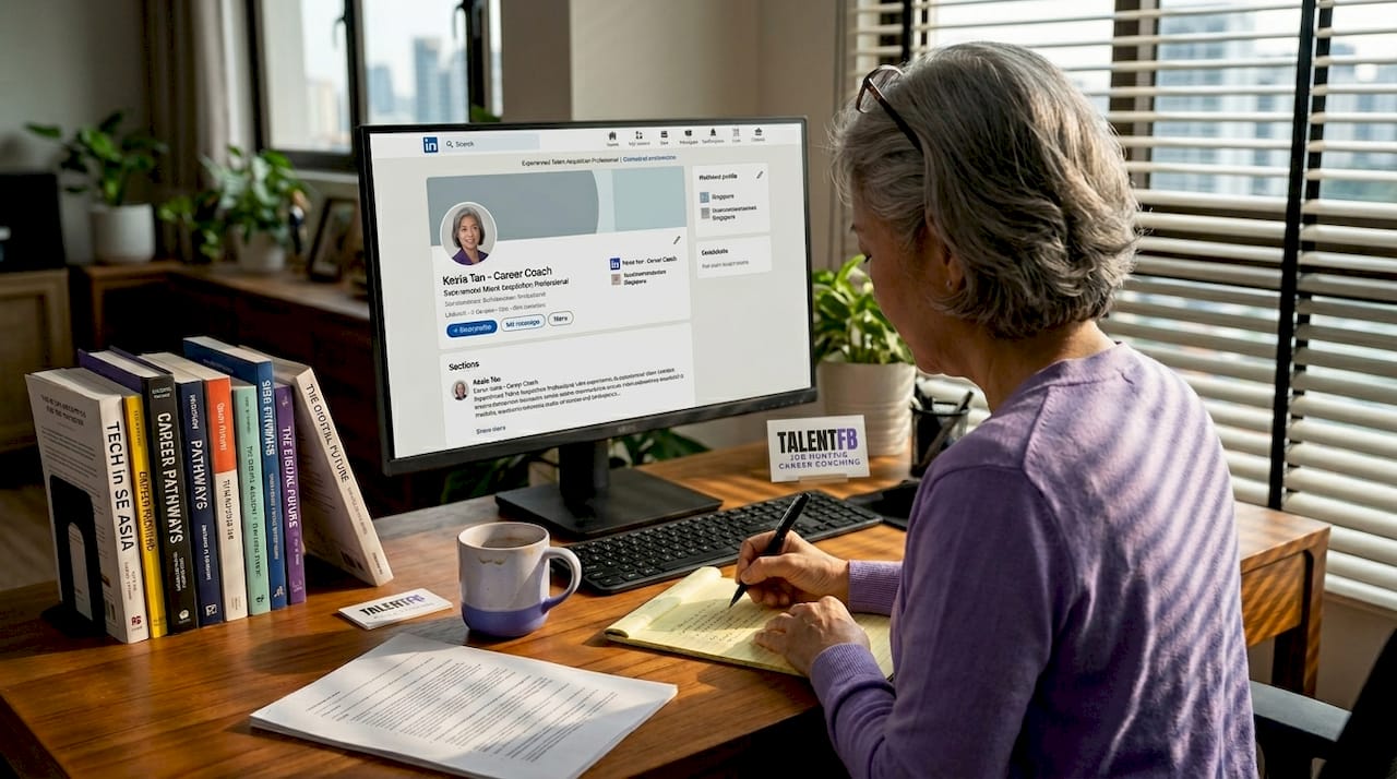 Senior woman reviewing LinkedIn profile in home office