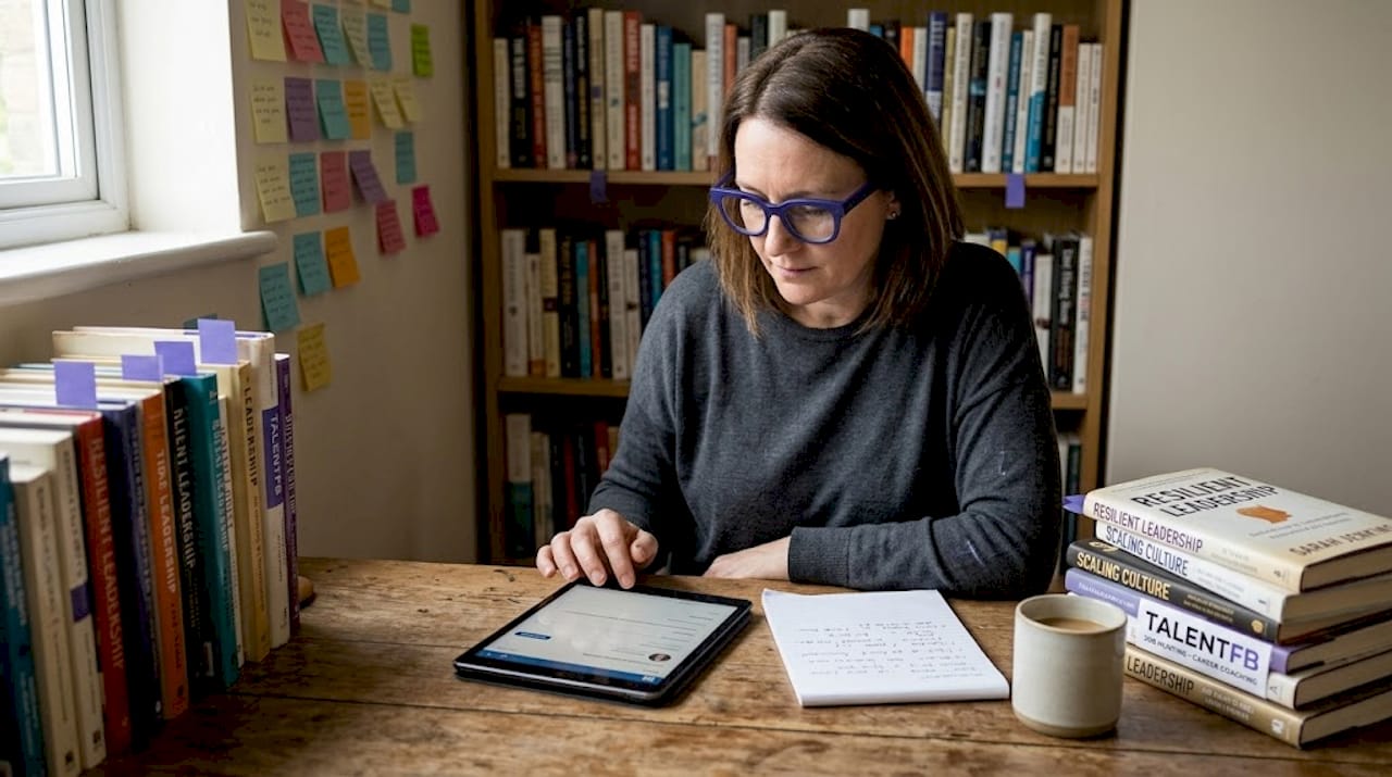 Tech leader updating LinkedIn profile at home desk