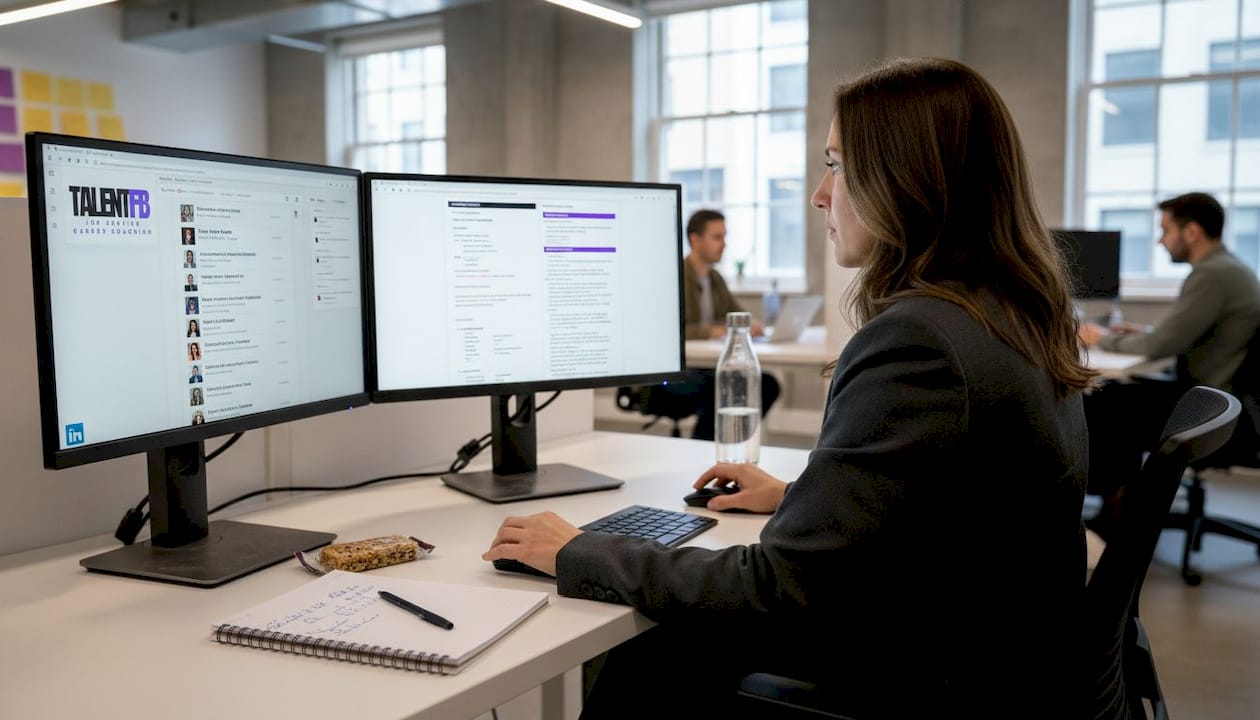 Recruiter screening LinkedIn profiles at coworking desk
