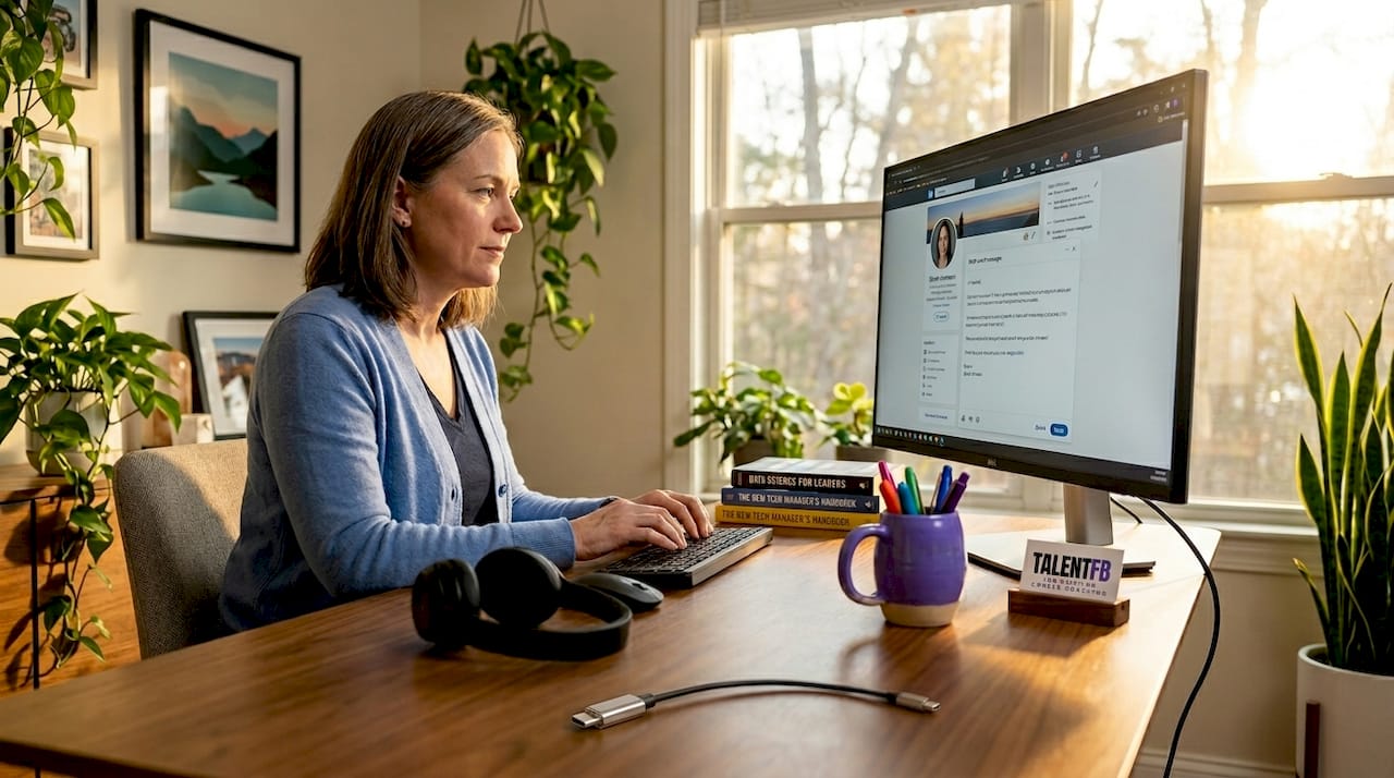Tech leader sending LinkedIn message at home desk